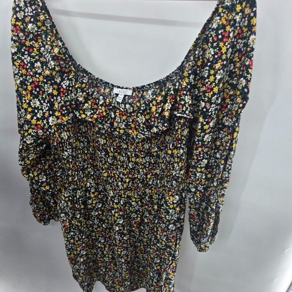 AUW Navy Floral Round Neck Ruffle Ruched Long Sleeved Midi Dress Size 3x